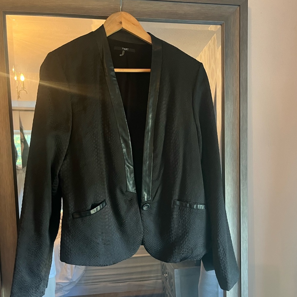 Tart Black Textured Blazer with Faux Leather Trim